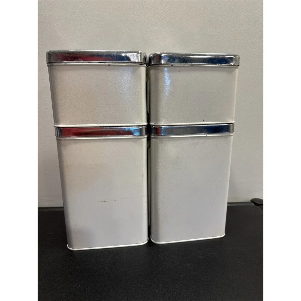 EKCO Canada Vintage Metal MCM Kitchen Canister Set Of 4 White Silver Green Trim